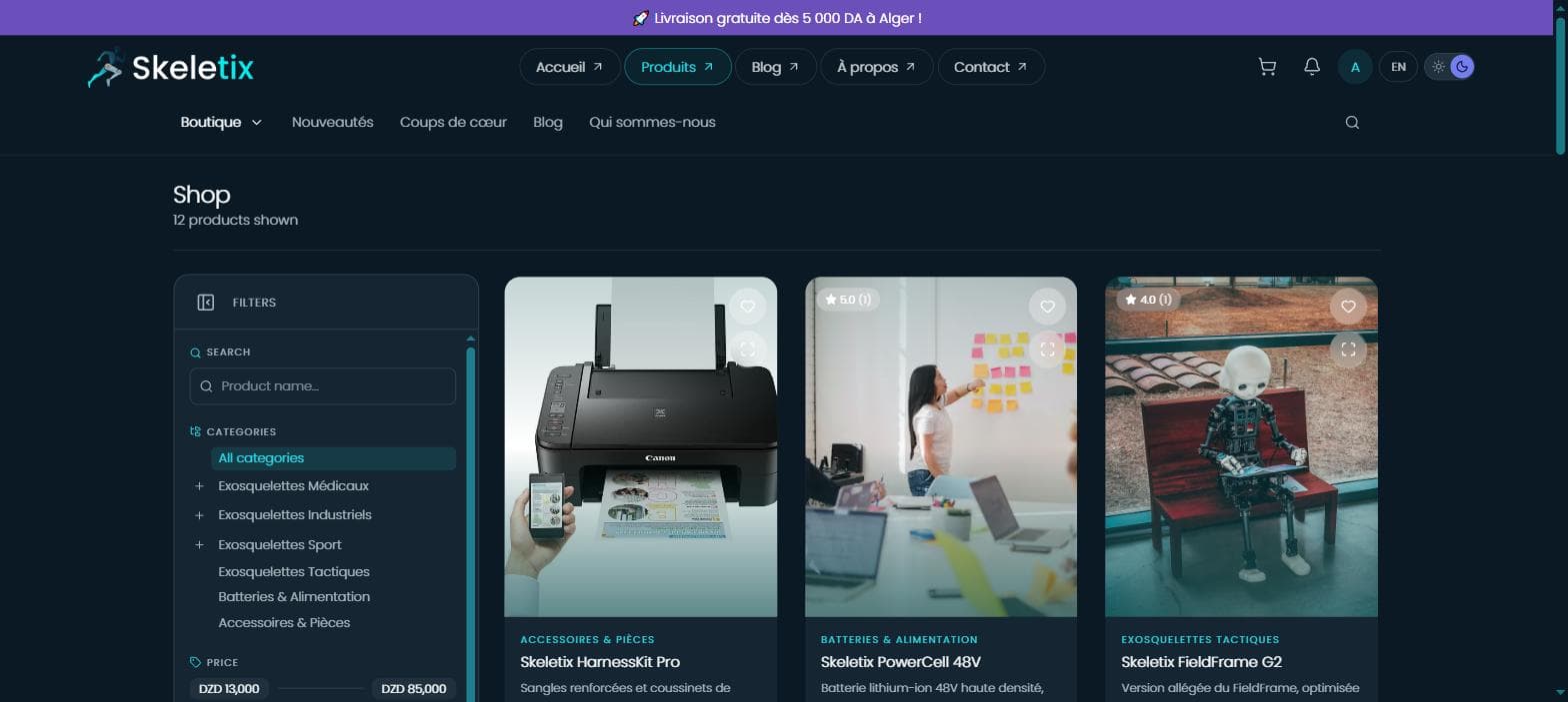 Le catalogue : filtres par catégorie et par prix, notes clients et prix en dinars